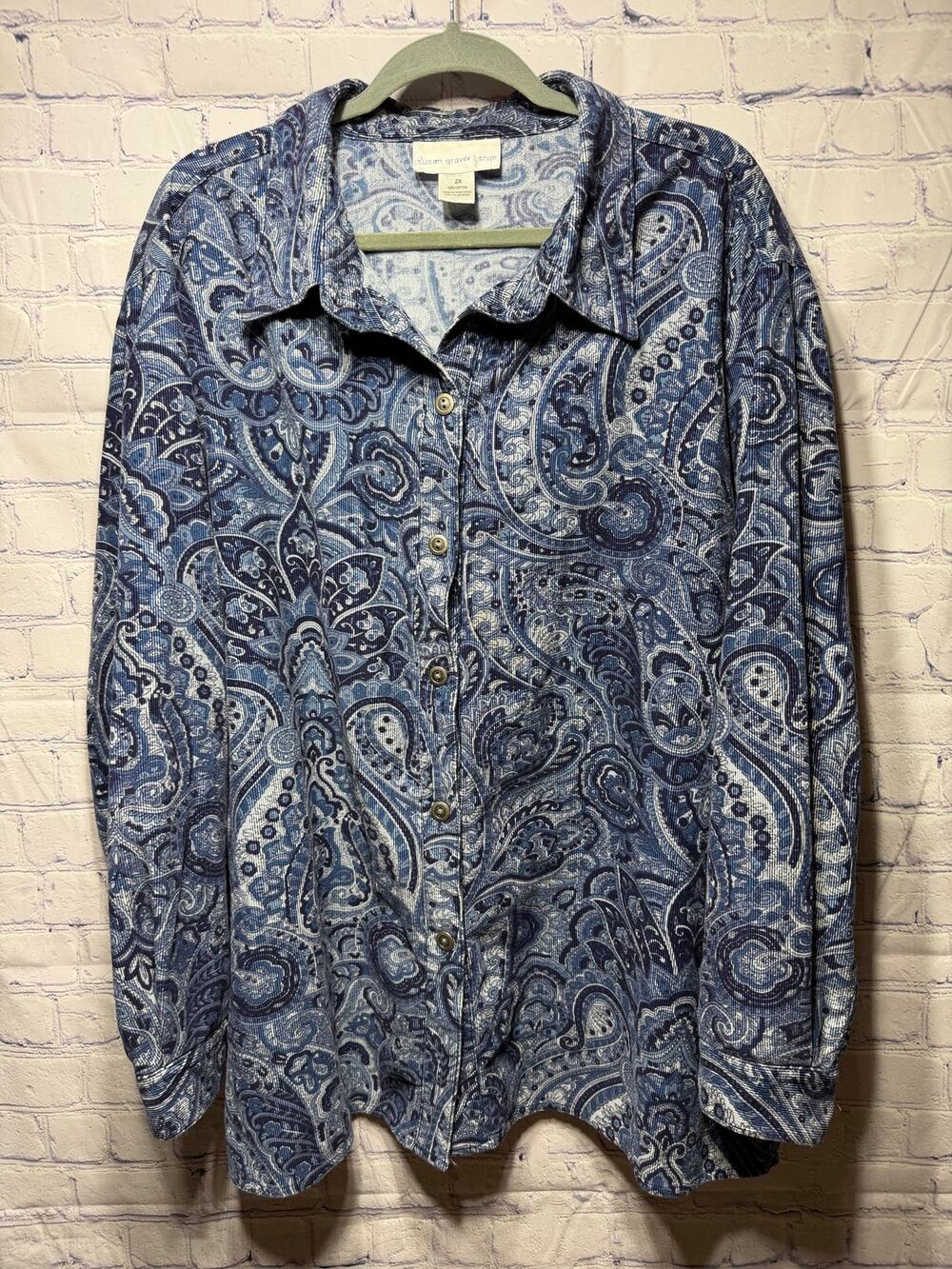 Susan Graver Womens Corduroy Paisley Button Down Blue Sz 2X Cotton Casual